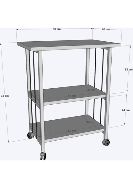 Çok Amaçlı Frenli Tekerlekli 3 Katlı Mutfak Fırınlık Kahve Masası  Yazıcı Sehpası Servis Sunum Arabası