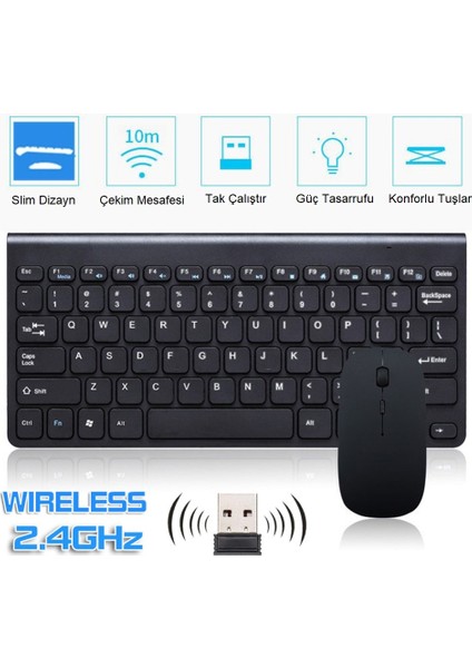 Ingilizce Mini Slim 2.4 Ghz Kablosuz Klavye Mouse Set Klavye - Siyah