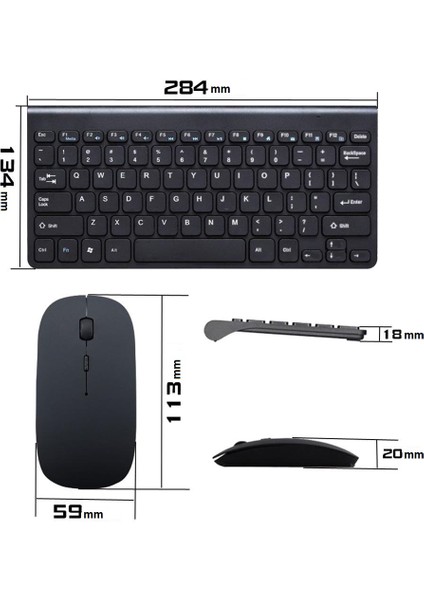 Ingilizce Mini Slim 2.4 Ghz Kablosuz Klavye Mouse Set Klavye - Siyah