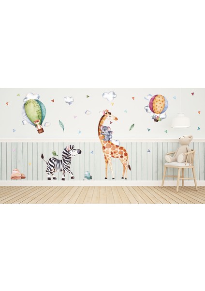 Sulu Boya Safari Hayvanlar ve Uçan Balonlar Zebra Zürafa Çocuk Odası Duvar Sticker