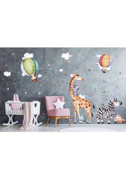 Sulu Boya Safari Hayvanlar ve Uçan Balonlar Zebra Zürafa Çocuk Odası Duvar Sticker fiyatları