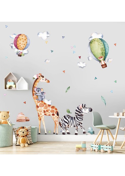 Sulu Boya Safari Hayvanlar ve Uçan Balonlar Zebra Zürafa Çocuk Odası Duvar Sticker modelleri