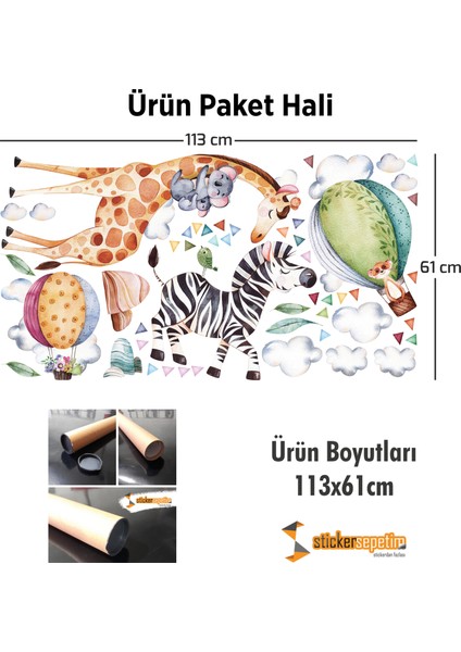 Sulu Boya Safari Hayvanlar ve Uçan Balonlar Zebra Zürafa Çocuk Odası Duvar Sticker fırsatları