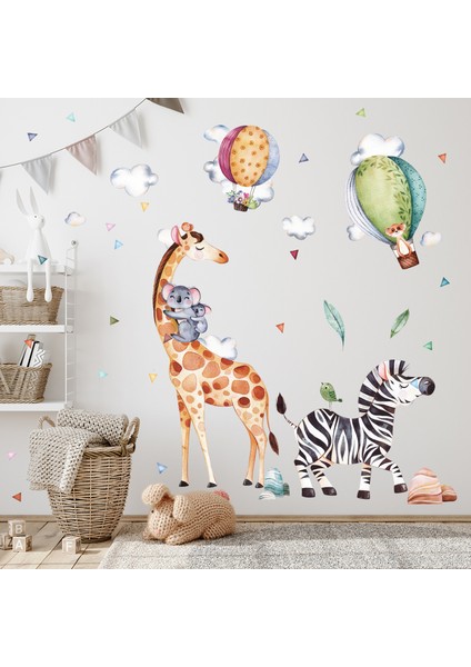 Sulu Boya Safari Hayvanlar ve Uçan Balonlar Zebra Zürafa Çocuk Odası Duvar Sticker indirimleri
