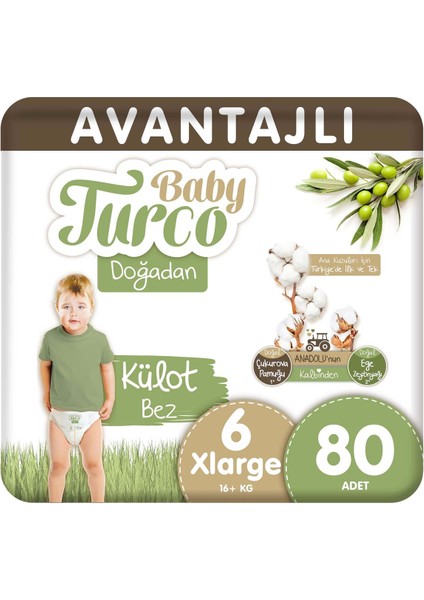 BabyTurco Baby Turco Doğadan Avantajlı Külot Bez 6 Numara Xlarge 80 Adet