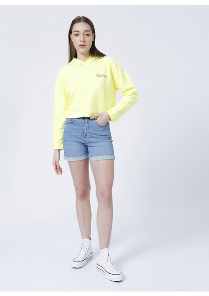 Kapüşonlu Crop Neon Sarı Kadın Sweatshirt - K-Gaia-Y