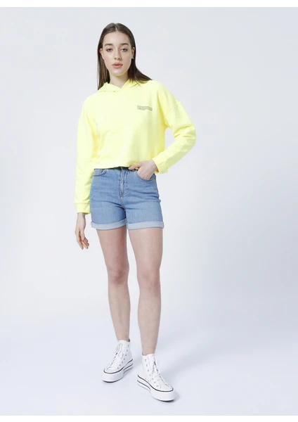 Kapüşonlu Crop Neon Sarı Kadın Sweatshirt - K-Gaia-Y