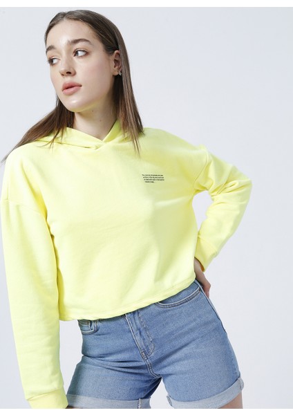 Kapüşonlu Crop Neon Sarı Kadın Sweatshirt - K-Gaia-Y