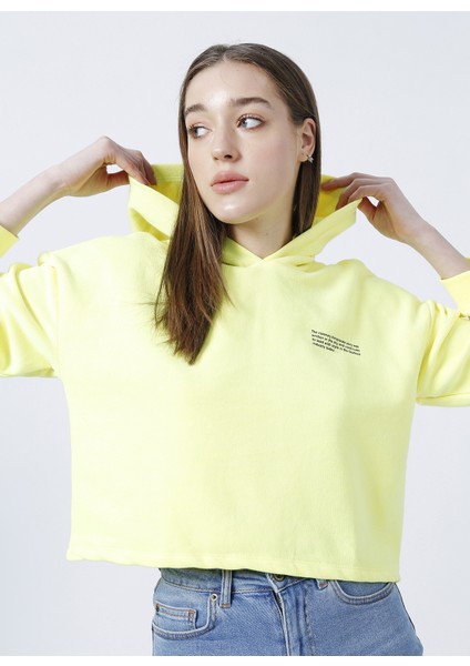 Kapüşonlu Crop Neon Sarı Kadın Sweatshirt - K-Gaia-Y