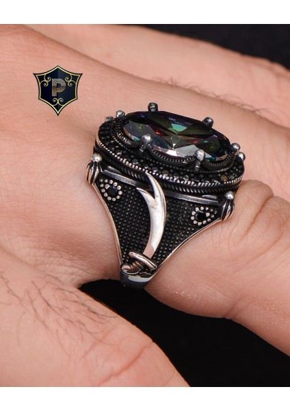 Gümüş Erkek Yüzük Mistik Topaz Taşlı Zülfikar Figürlü fiyatları