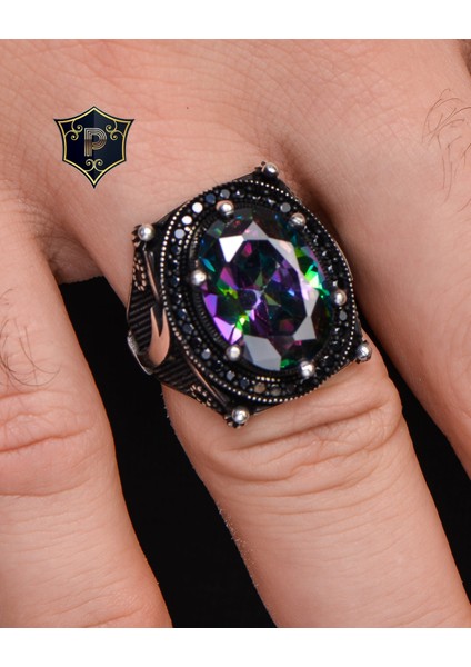 Gümüş Erkek Yüzük Mistik Topaz Taşlı Zülfikar Figürlü modelleri