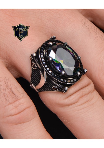 Gümüş Erkek Yüzük Mistik Topaz Taşlı Zülfikar Figürlü indirimleri