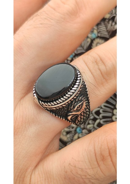 Gümüş Erkek Yüzük Oniks Taşlı Şahin Figürlü fiyatları