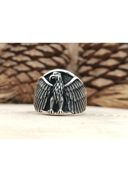 Gümüş Erkek Yüzük Kartal Desenli indirimleri