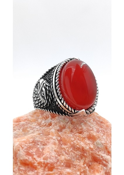 Gümüş Erkek Yüzük Akik Taşlı Şahin Figürlü