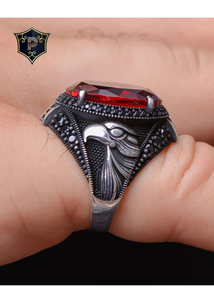 Gümüş Erkek Yüzük Kırmızı Zirkon Taşlı Şahin Figürlü fiyatları