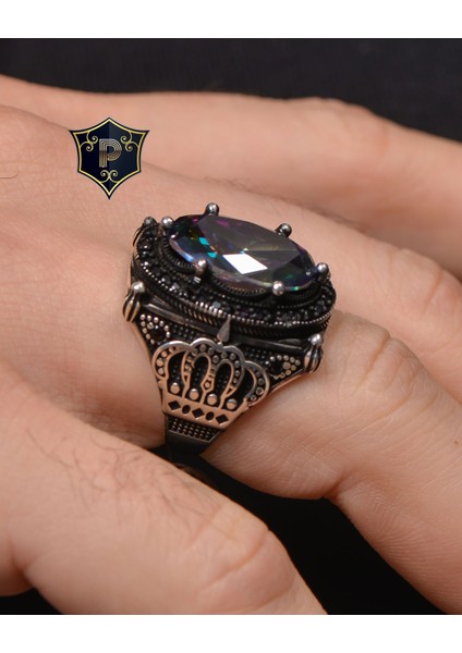 Gümüş Erkek Yüzük Mistik Topaz Taşlı Kral Taç Motifli