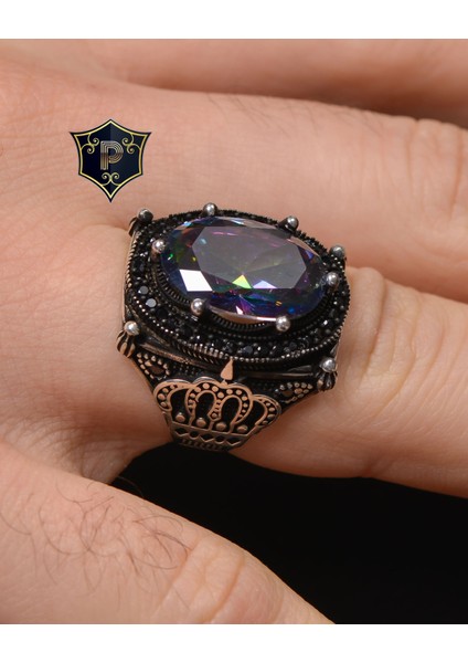 Gümüş Erkek Yüzük Mistik Topaz Taşlı Kral Taç Motifli fiyatları