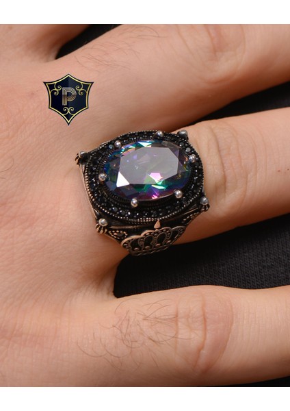 Gümüş Erkek Yüzük Mistik Topaz Taşlı Kral Taç Motifli modelleri