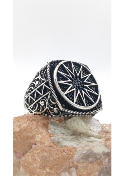 Gümüş Gümüş Erkek Yüzük Mikro Taş Süslemeli