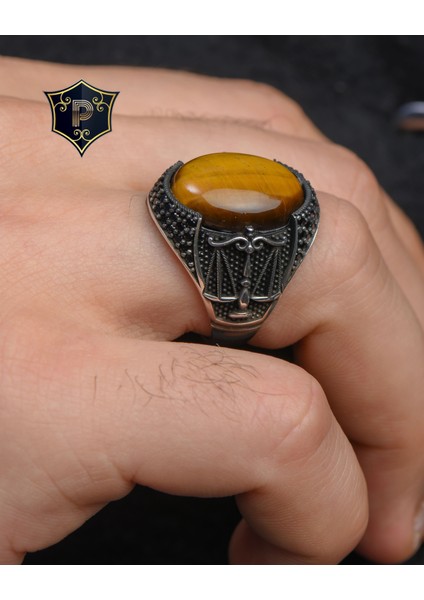 Gümüş Gümüş Erkek Yüzük Kaplangözü Taşlı Terazi Figürlü