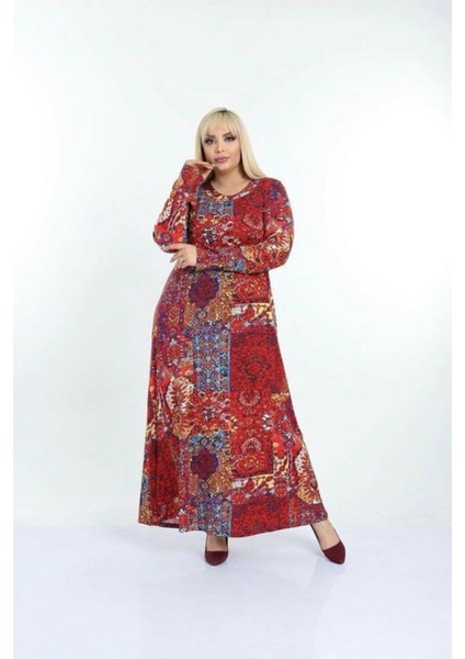 Teca Giyim Kırmızı Etnik Desen Elbise