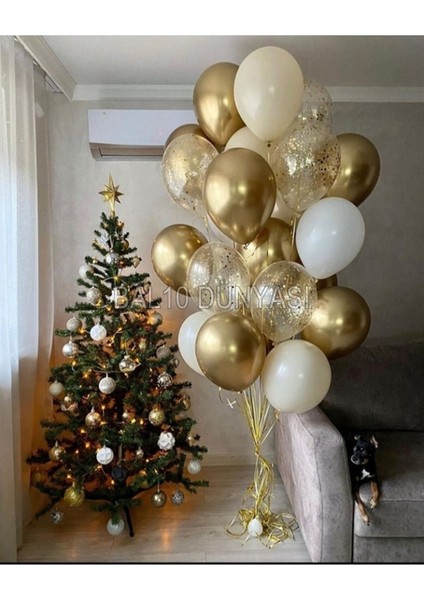 Beyaz-Ten-Gold-Konfetili Şeffaf Balon Seti