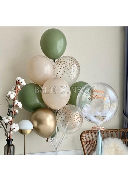 Küf Yeşili -Ten Rengi-Krom Gold-Konfetili Şeffaf Balon Demeti