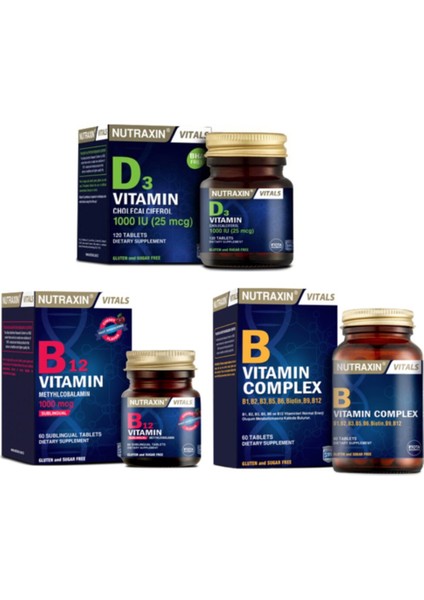 D3 Vitamini 1000 Iu 120 Tablet+Vitamin B12 1000 Mcg 60 Dilaltı Tableti+B Vitamin Complex 60 Tablet