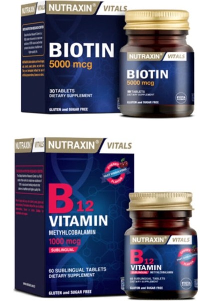 B12 Vitamini 1000 Mcg 60 Dilaltı Tableti + Biotin Takviyesi 5000 Mcg 30 Tablet