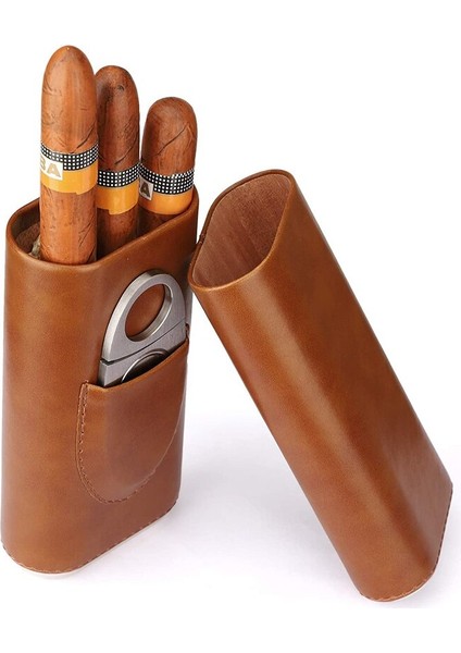 Yüksek Kaliteli 3 Parmak Neme Sahipleri Taşınabilir Puro Kutusu Kahverengi Puro Deri Kılıf ile Puro Kesici | Puro Aksesuarları - (Yurt Dışından)