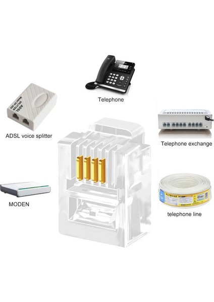 PrimeX Plus PX-6P4C RJ11 4 Pinli Konnektör, RJ11 Jack, 6P4C Jack, RJ11 Telefon Kablo Ucu 100 Lü Paket