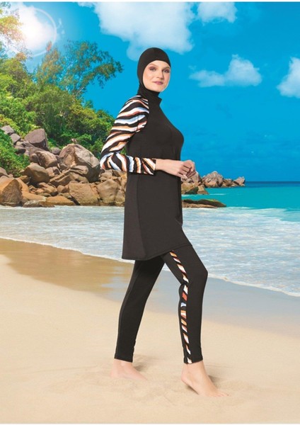 22128-1 Çizgili Desenli Reglan Kol Micro Lycra Kumaş Tam Tesettür Mayo