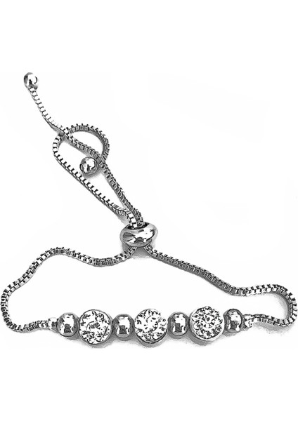 Gümüş Renk Zirkon Taşlı Üçlü Macun Asansör Bileklik - 1035