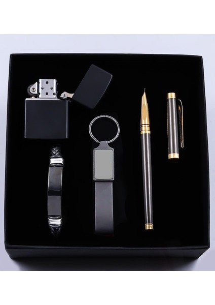 Zippo Tarzı Çakmak & Siyah Anahtarlık & Füme Dolma Kalem & Bileklik Hediye Seti