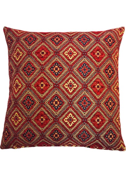 Geometrik Çiçek Desenli Kırmızı Kırlent Kılıfı 45 x 45 cm.