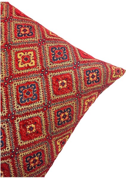 Geometrik Çiçek Desenli Kırmızı Kırlent Kılıfı 45 x 45 cm.