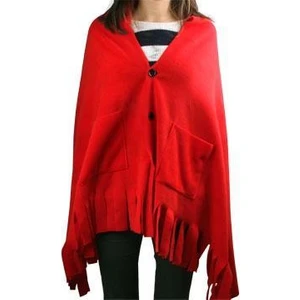 Giyilebilir Polar Cepli Düğmeli Şal - Kırmızı