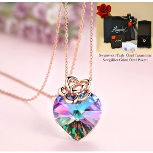 Mor Swarovski® Taşlı Gümüş Kalp Kolye Altın Kaplama