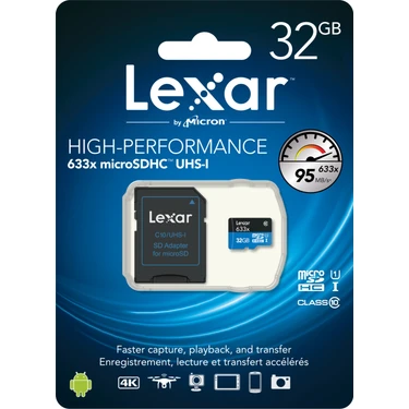 Lexar 32GB microSDHC UHS-I 633X 95mb/sn (C10) U1+ SD Adaptor Hafıza Kartı