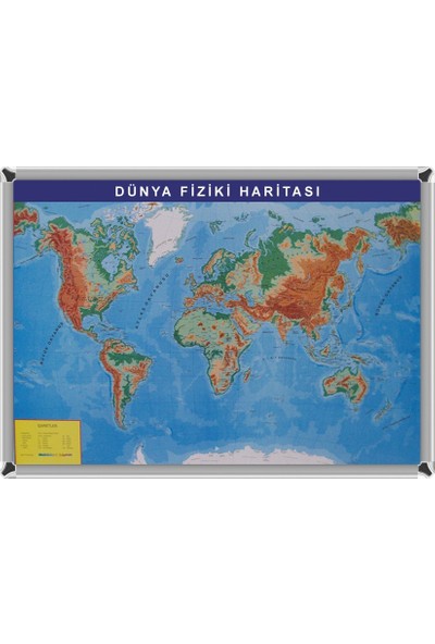 Martı Harita Dünya Fiziki Haritası 70x100 Metal Çerçeve + 1 Paket Renkli Harita Çivisi