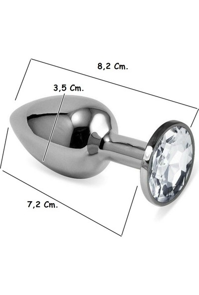 Hizliexpress Gümüş Metal Beyaz Taşlı Lüks Orta Boy Anal Plug 8,2 CM