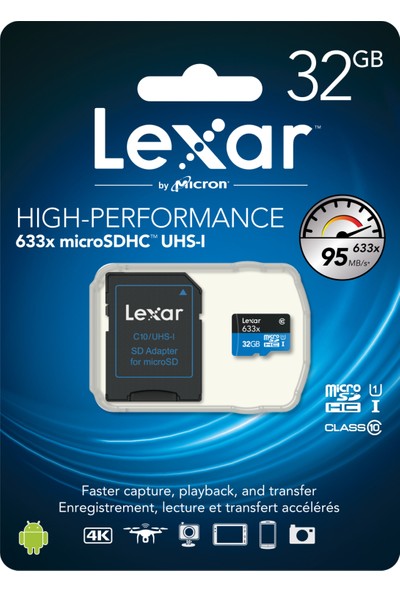 Lexar 32GB microSDHC UHS-I 633X 95mb/sn (C10) U1+ SD Adaptor Hafıza Kartı LSDMI32GBBEU633A