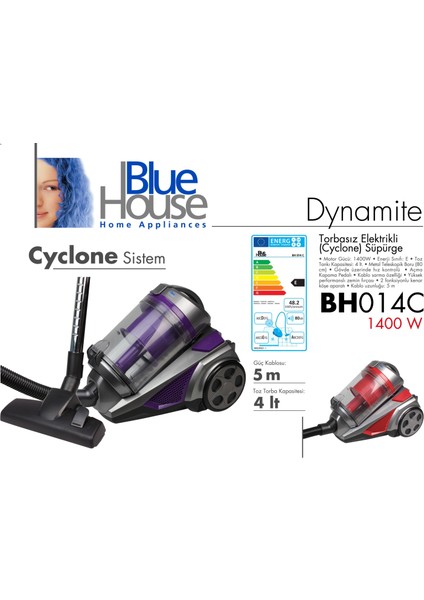 BH014C Dynamite Elektrikli Torbasız Süpürge 1400 Watt Kırmızı modelleri