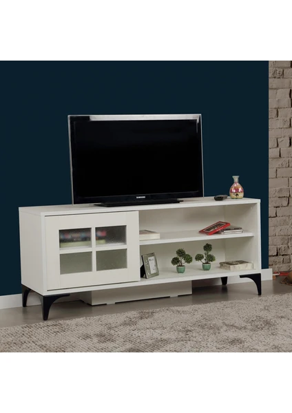 Pasific Home Revival Metal Ayaklı Sürgülü Tv Ünitesi,125 Cm, Beyaz