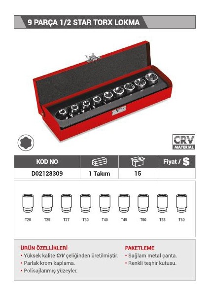 9 Parça 1/2 Star Torx Lokma