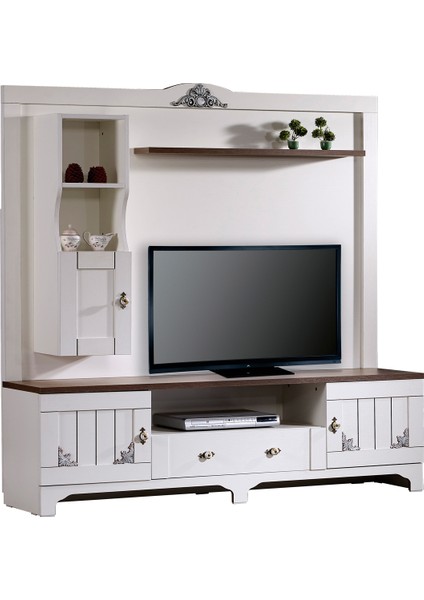 Gazel Tv Ünitesi Dolaplı Raflı 170 Cm, Koyu Meşe& Beyaz