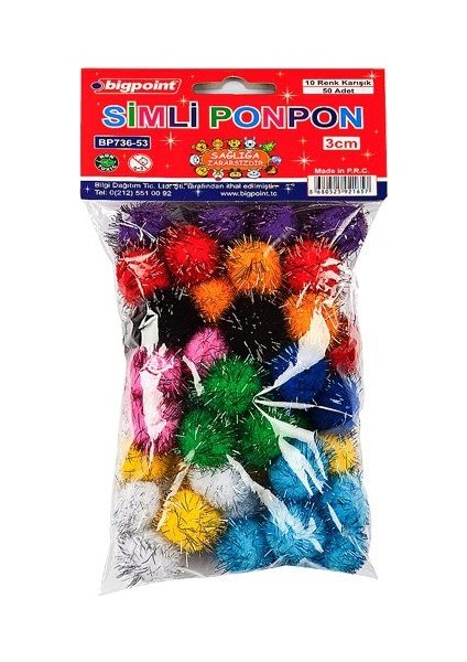 Simli Ponpon 10 Renk Karışık 3 Cm 50'li Paket