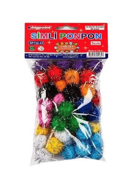 Simli Ponpon 10 Renk Karışık 5 Cm 25'li Paket