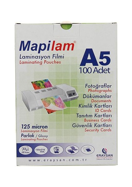 125 Micron A5 216 x 155 Mm Parlak Laminasyon Filmi 100'lü